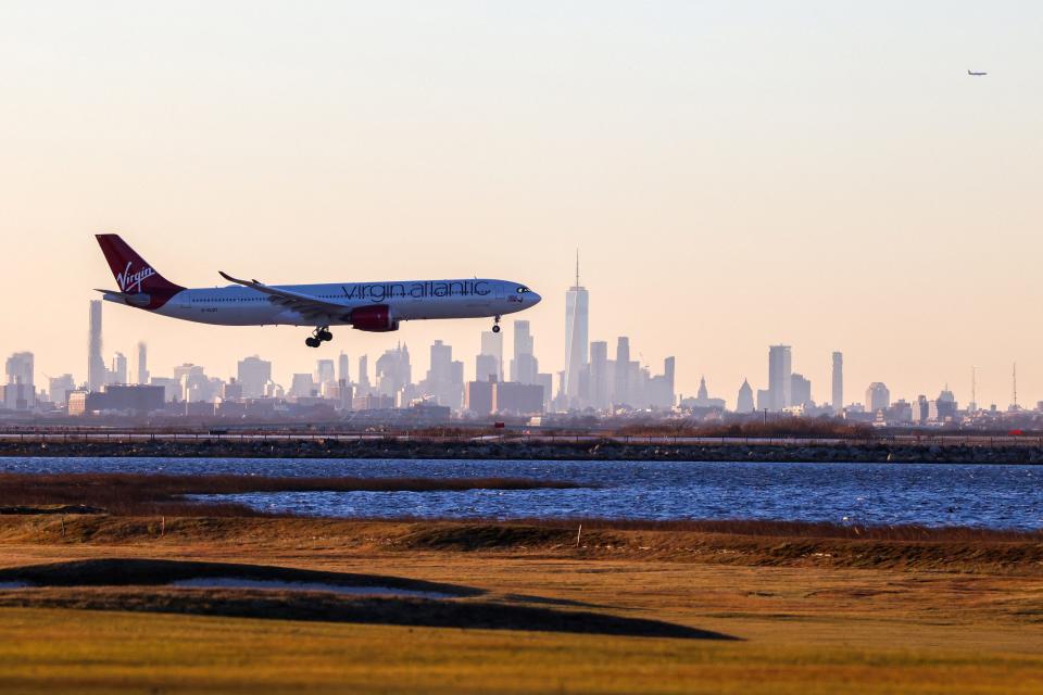 An Airbus A330 passenger aircraft of Virgin Atlantic airlines arrives from London at JFK International Airport in New York on February 5, 2024.