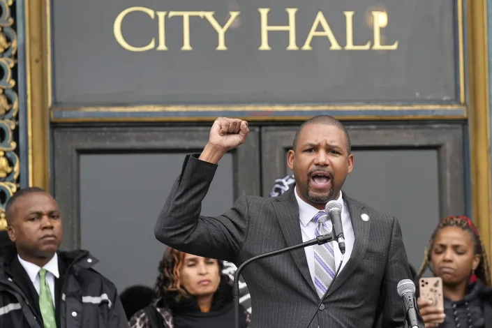 Supervisor Shamann Walton speaks at a reparations rally outside of City Hall in San Francisco, Tuesday, March 14, 2023. Supervisors in San Francisco are taking up a draft reparations proposal that includes a $5 million lump-sum payment for every eligible Black person. (AP Photo/Jeff Chiu)