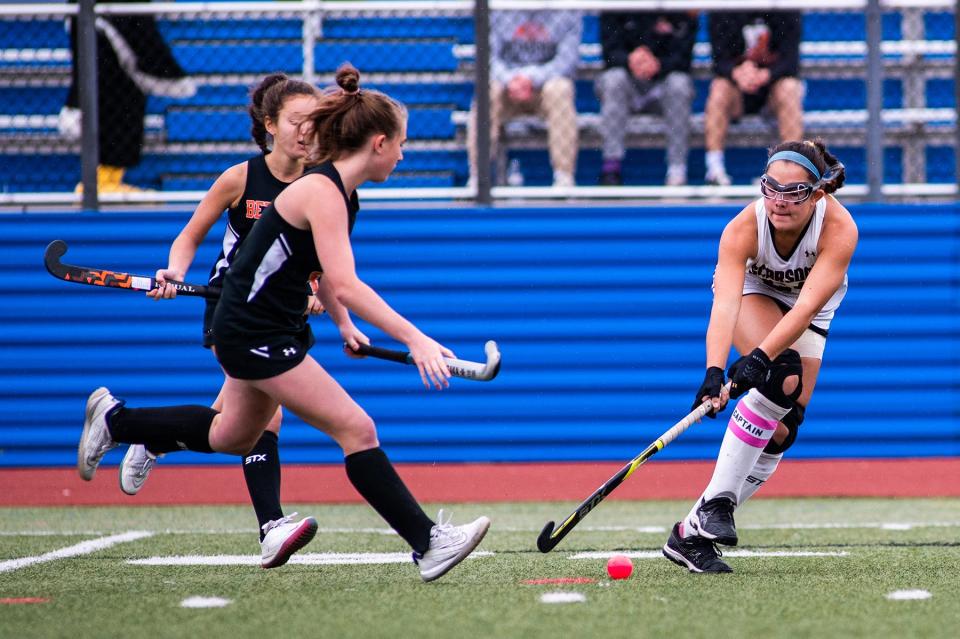 Scarsdale's Maddie Greco, shown with ball during the Raiders' 1-0 win over Bethlehem in a Class A state regional final at Mahopac High November 6, 2022, will be one of Scarsdale's key players as it takes on Northport in the state semifinals Saturday.