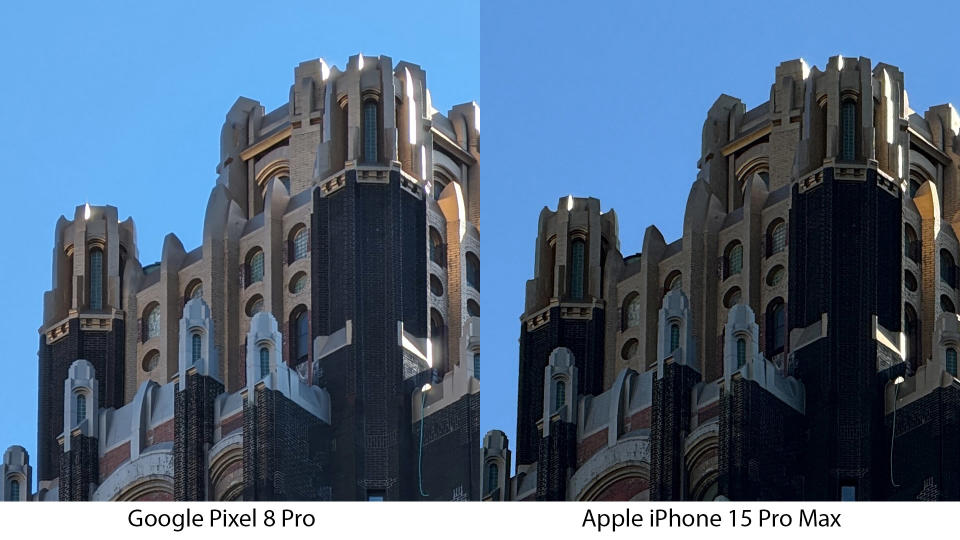 Pixel 8 Pro vs iPhone 15 Pro Max 5Xx zoom test - cropped images