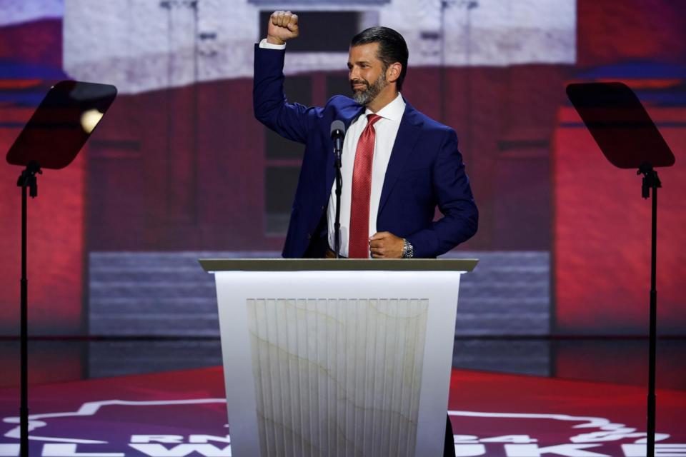 PHOTO: Donald Trump Jr., son of former U.S. President Donald Trump speaks on stage on the third day of the Republican National Convention on July 17, 2024 in Milwaukee, Wis.  (Chip Somodevilla/Getty Images)