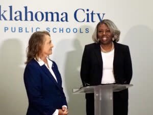 Jamie Polk, right, speaks at a news conference on Saturday with Oklahoma City Board of Education Chairperson Paula Lewis after being hired as the superintendent of Oklahoma City Public Schools. (Photo by Nuria Martinez-Keel/Oklahoma Voice)