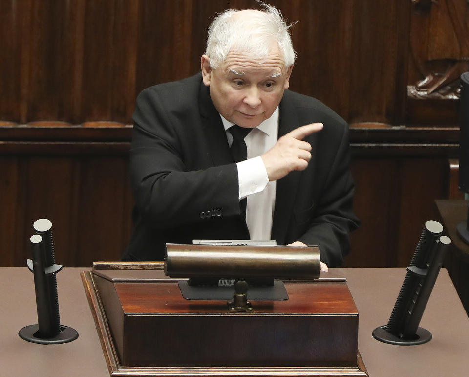 Jaroslaw Kaczynski, leader of Poland's ruling conservative Law and Justice party, takes part in a parliamentary session in Warsaw, Poland, Monday, April 6, 2020. Uncertainty over whether Poland will hold a postal presidential election during the COVID-19 coronavirus pandemic deepened Monday after a deputy prime minister resigned, leaving Kaczynski's ruling party without enough votes to approve an exclusively mail-in ballot. (AP Photo/Czarek Sokolowski)