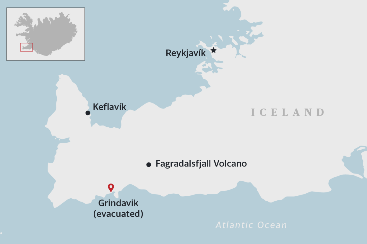 A map of Iceland shows the southwestern town of Grindavik.
