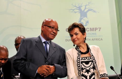 South Africa President Jacob Zuma (L) and UN climate chief Christiana Figueres at the UN climate talks in Durban on November 28. Topping the agenda is the fate of the Kyoto Protocol, the only global pact with targets for curbing greenhouse-gas emissions, whose first round of pledges expires at the end of 2012