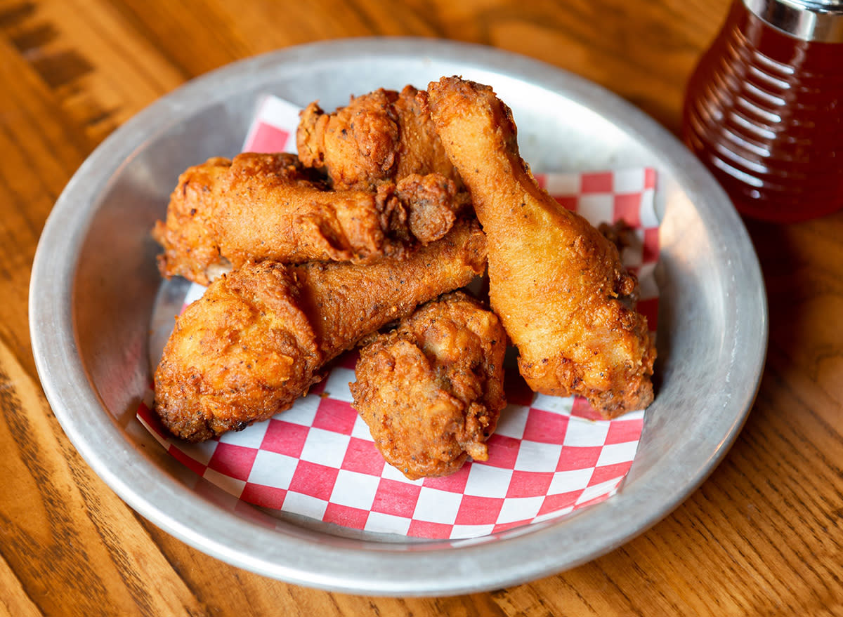 Fried Chicken on a shiny platter at The Eagle restaurant