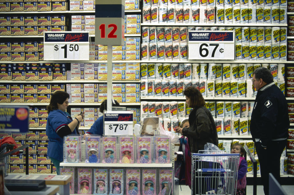 Shoppers checking out at a cash register in Wal Mart in Illinois.