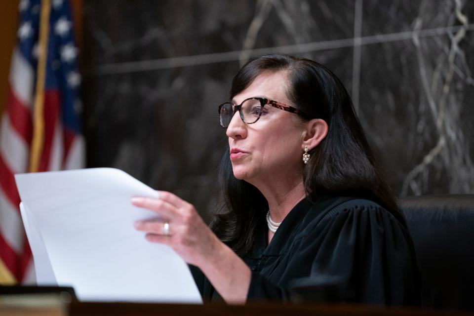 Oakland County Judge Cheryl Matthews reads James and Jennifer Crumbley their sentences for their role in the 2021 Oxford School shooting on Tuesday, April 9, 2024. The Crumbleys were both found guilty on four counts of involuntary manslaughter.