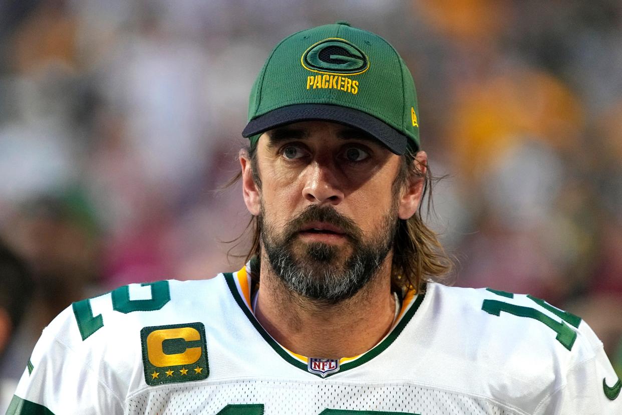 Aaron Rodgers, then the starting quarterback for the Green Bay Packers, is shown during a game against the Arizona Cardinals on Thursday, Oct. 28, 2021. He tested positive for COVID-19 less than a week later and was forced to miss the team's next game. Since then, Rodgers has been a leading voice for those skeptical of the COVID-19 vaccines.