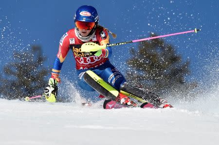 FILE PHOTO: Mar 18, 2017; Aspen, CO, USA; Mikaela Shiffrin of the United States during the women's slalom alpine skiing race in the 2017 Audi FIS World Cup Finals at Aspen Mountain. Mandatory Credit: Michael Madrid-USA TODAY Sports/File photo