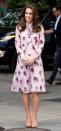 <p>During an appearance with Prince William and Prince Harry to honor World Mental Health Day, Duchess Kate chose a blush rose-printed chiffon dress by Kate Spade New York. The floral ensemble was accessorized with Gianvito Rossi pumps and her L.K. Bennett clutch.</p>