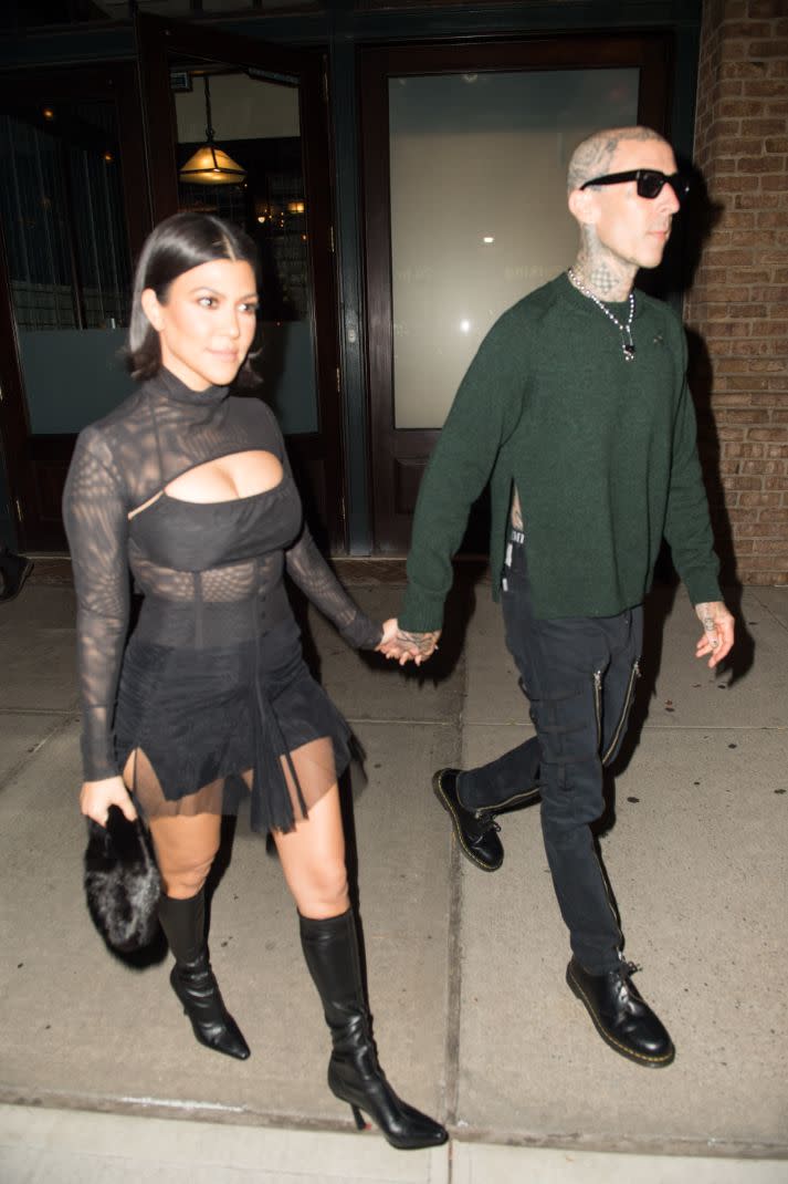 Travis Barker and Kourtney Kardashian join Kendall Jenner at Zero Bond for dinner, New York, Oct. 14. - Credit: BeautifulSignatureIG/Splash News