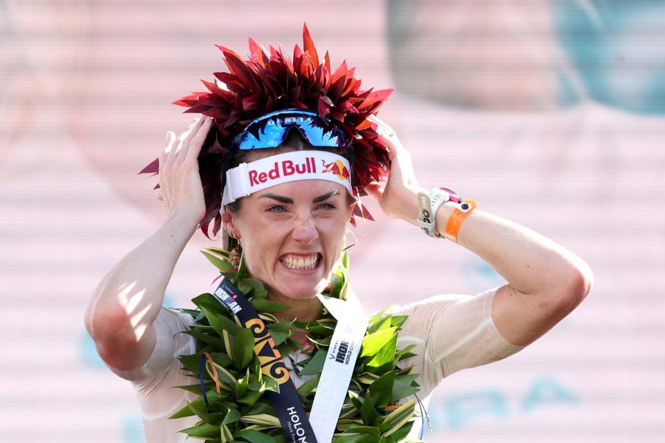 Lucy Charles-Barclay of Great Britain celebrates in Hawaii (Getty Images for IRONMAN)