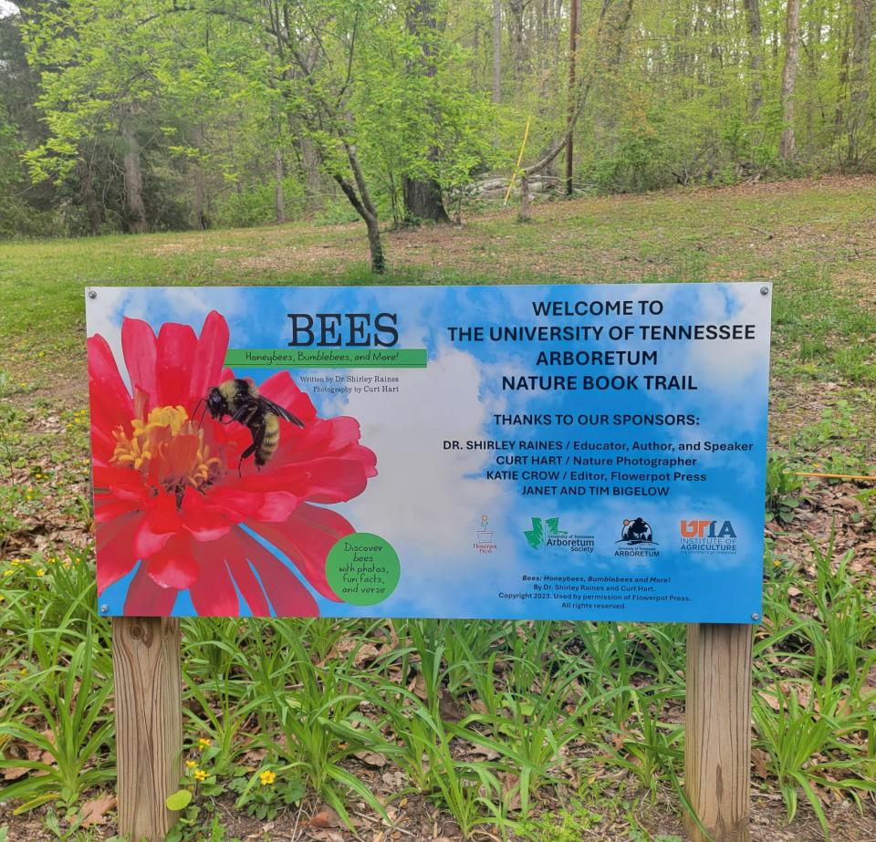The Nature Book Trail consists of 14 large signs that display the pages of "Bees."