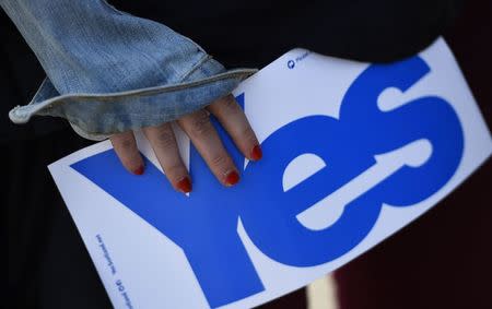 A woman holds a 'Yes' banner as Scotland's First Minister Alex Salmond (unseen) canvases in Dyce, Aberdeen, northern Scotland September 12, 2014. REUTERS/Dylan Martinez