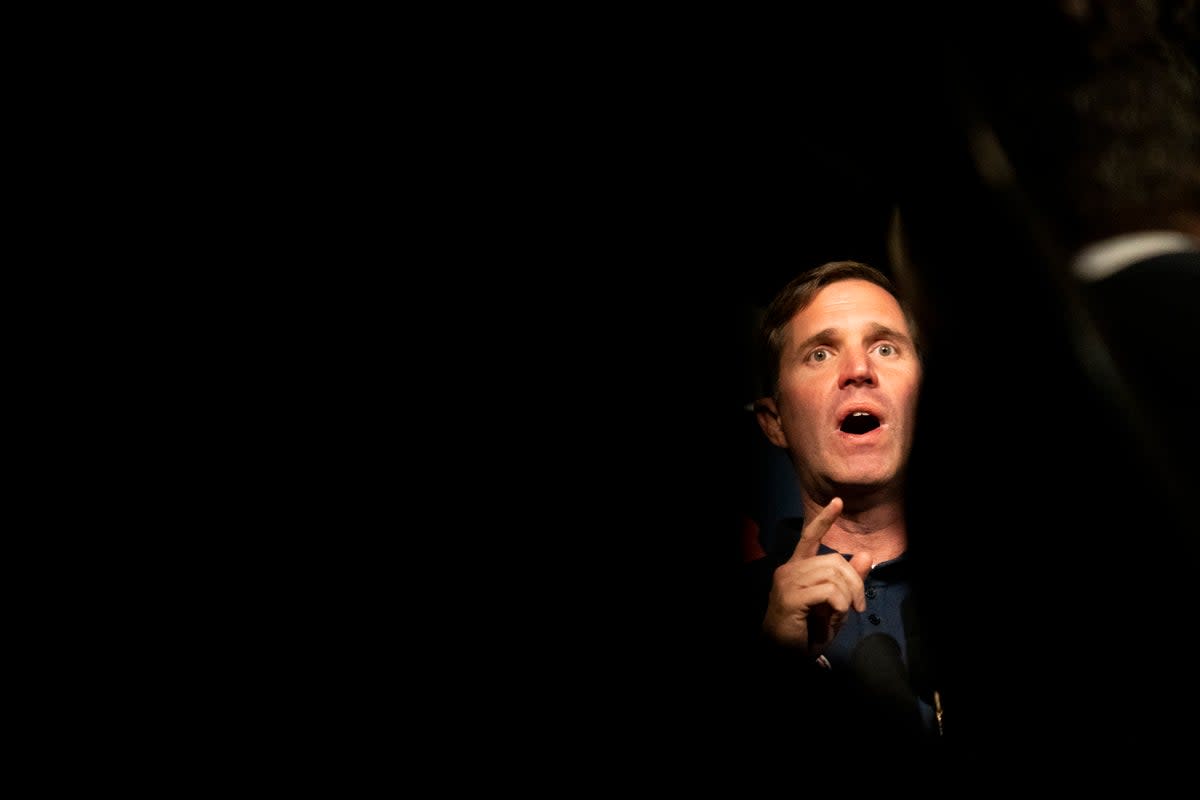 Incumbent Democratic Governor of Kentucky Andy Beshear speaks to the press and supporters on his last campaign stop before the election on November 6, 2023 in Louisville (Getty Images)