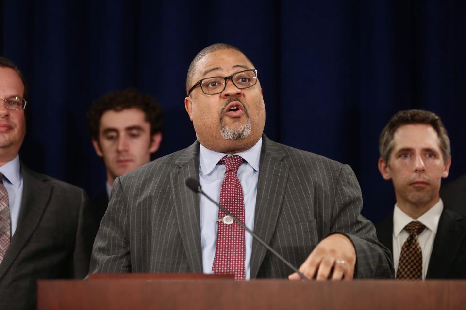 Manhattan District Attorney Alvin Bragg Jr. hold a press conference on Thursday evening following the conviction of former President Donald Trump. The Republican presidential frontrunner was found guilty on 34 counts of falsifying business records, making him the first former president convicted of a crime.