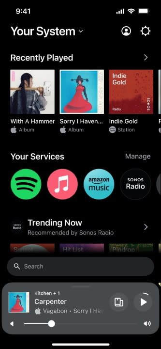 Sonos new app: home screen on a dark background.