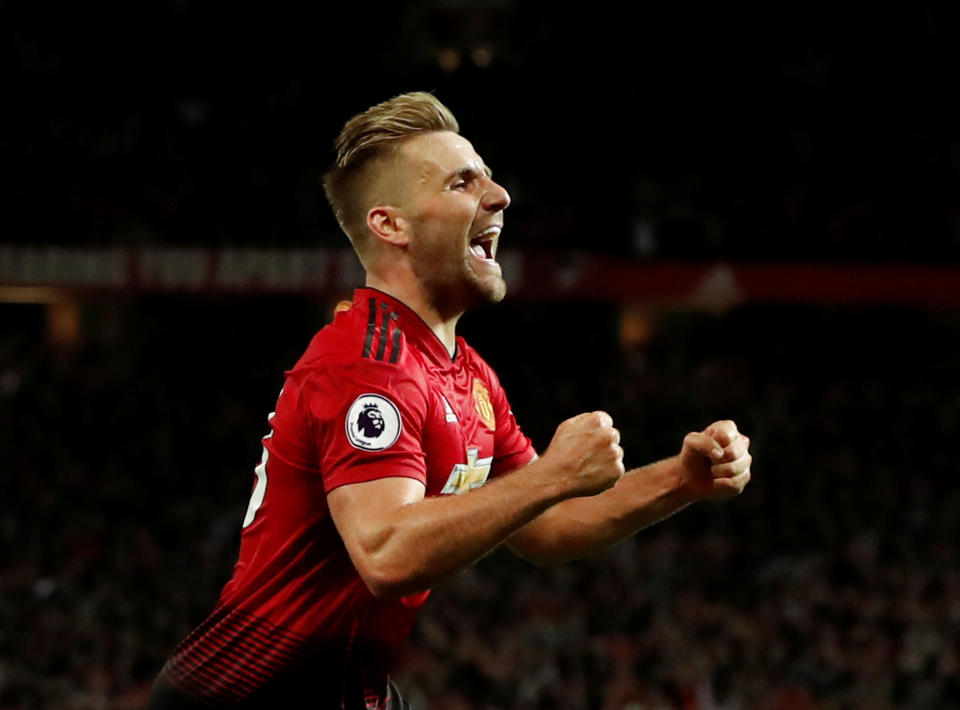 <p>Soccer Football – Premier League – Manchester United v Leicester City – Old Trafford, Manchester, Britain – August 10, 2018 Manchester United’s Luke Shaw celebrates scoring their second goal Action Images via Reuters/Andrew Boyers EDITORIAL USE ONLY. No use with unauthorized audio, video, data, fixture lists, club/league logos or “live” services. Online in-match use limited to 75 images, no video emulation. No use in betting, games or single club/league/player publications. Please contact your account representative for further details. </p>