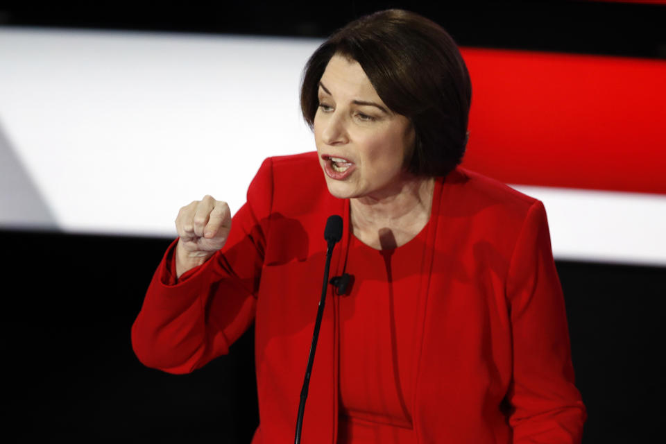 Democratic presidential candidate Sen. Amy Klobuchar, D-Minn., speaks Tuesday, Jan. 14, 2020, during a Democratic presidential primary debate hosted by CNN and the Des Moines Register in Des Moines, Iowa. (AP Photo/Patrick Semansky)