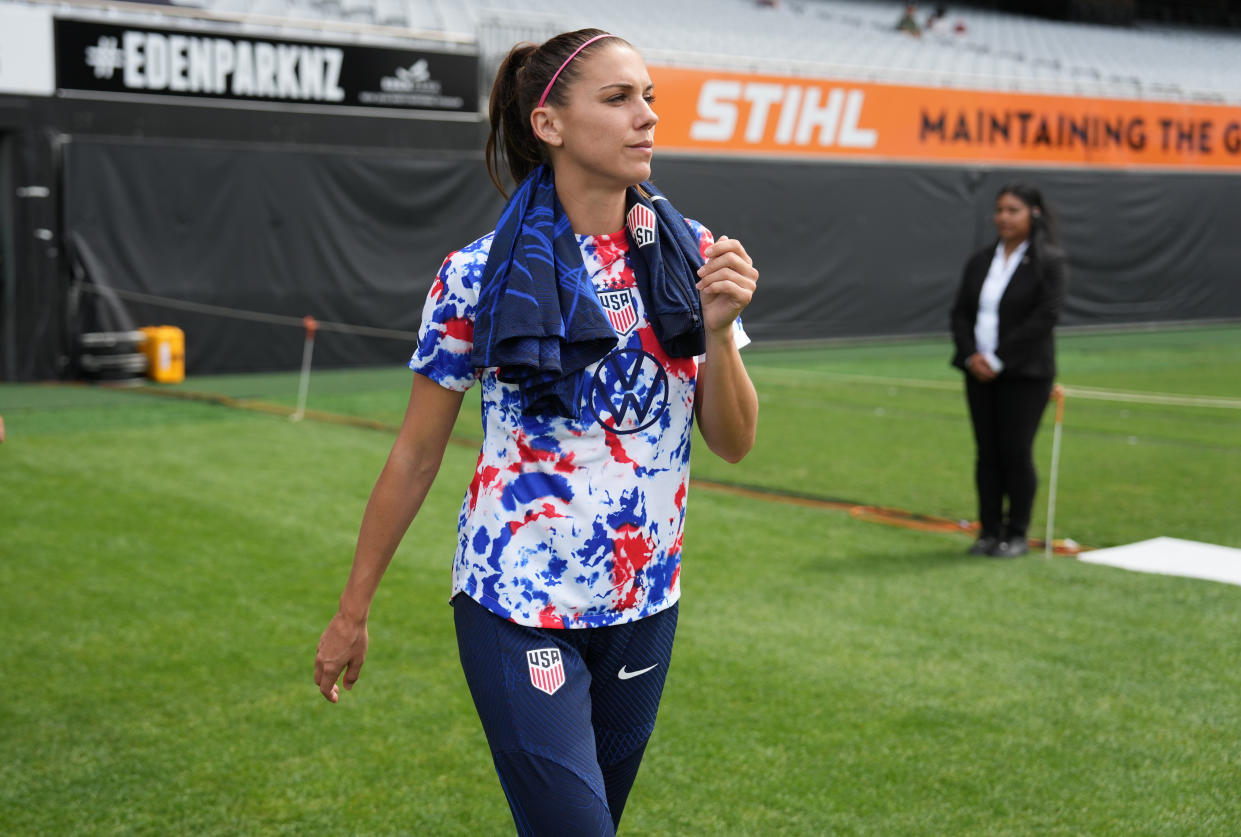 AUCKLAND, NEW ZEALAND - JANUARY 21: Alex Morgan #13 of the United States make s her way out to warm up before a game between New Zealand and USWNT at Eden Park on January 21, 2023 in Auckland, New Zealand. (Photo by Brad Smith/ISI Photos/Getty Images)