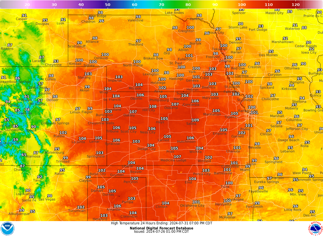 A map of high temperatures for Wednesday, July 31, in the central plains shows Salina reaching as high as 109. Heat indices are expected to be above 100 degrees throughout the week.