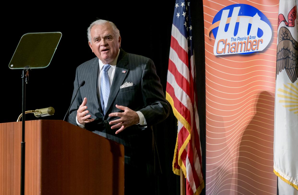 Former U.S. Sec. of Transportation Ray LaHood gives the keynote address at the annual Peoria Area Chamber of Commerce Thanksgiving Luncheon on Thursday, Nov. 16, 2023 at the Peoria Civic Center.