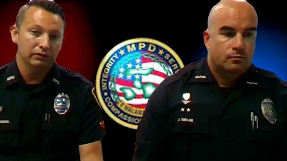 Officers Brad Taylor, right, and Steven Landsiedel speak during an interview using a virtual background. - CNN