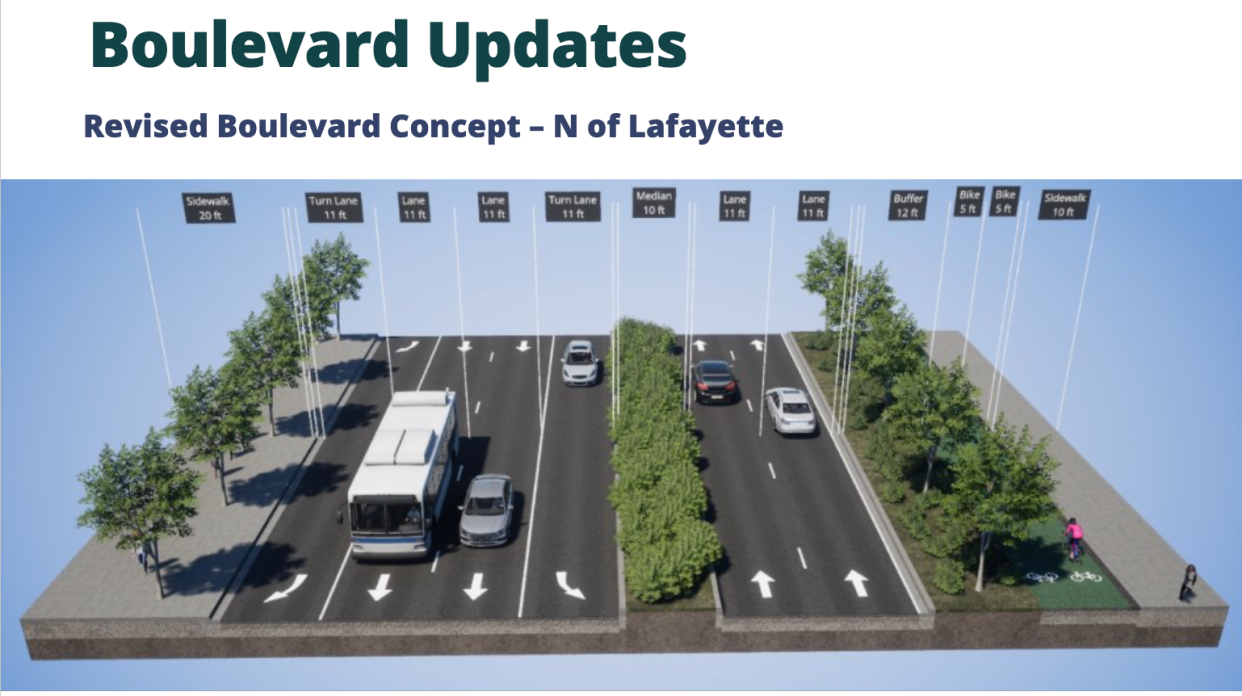 A screenshot of a Michigan Department of Transportation presentation shows a revised proposal of six lanes for the boulevard that would replace Interstate 375 in Detroit.