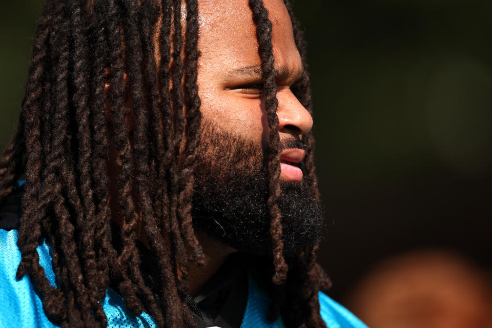 SPARTANBURG, SOUTH CAROLINA – JULY 27: Bravvion Roy #93 of the Carolina Panthers attends Carolina Panthers Training Camp at Wofford College on July 27, 2023 in Spartanburg, South Carolina. (Photo by Jared C. Tilton/Getty Images)