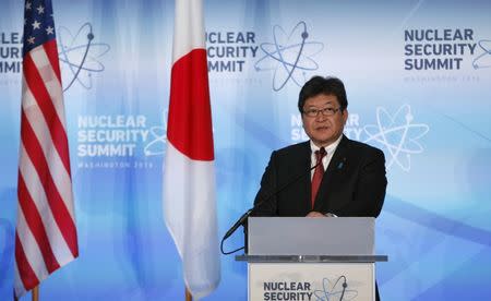 U.S. Secretary of Energy Ernest Moniz (not pictured) and Japan's Deputy Chief Cabinet Secretary Koichi Hagiuda hold a joint press statement at the Nuclear Security Summit in Washington April 1, 2016. REUTERS/Gary Cameron