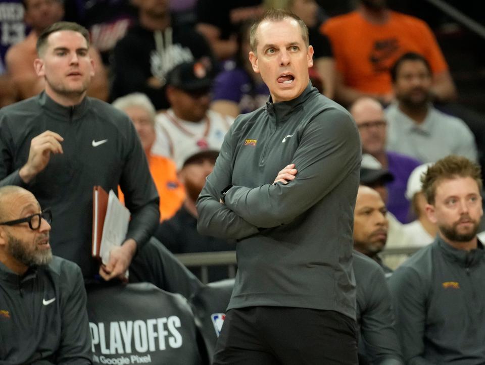 Phoenix Suns head coach Frank Vogel watches his team play against the Minnesota Timberwolves during game 4 of the Western Conference first round series at Footprint Center on Sunday, April 28, 2024.