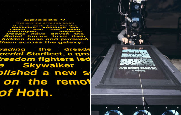 <b>Star Wars</b><br> A long time ago in a galaxy far, far away, titles were tedious - then the opening ‘crawl’ of ‘Star Wars’ swept across the screen and made the simple act of reading as cinematic as any other part of the film. These titles (actually from 'The Empire Strikes Back') were produced surprisingly DIY-ish by slowly panning a camera along a 6 ft. piece of text.