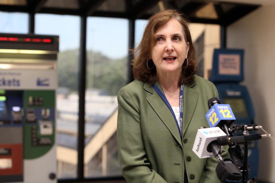 Catherine Rinaldi, president of MTA Metro-North Railroad, speaks with reporters at the Croton-Harmon train station June 8, 2020 as New York City begins Phase 1 reopening.