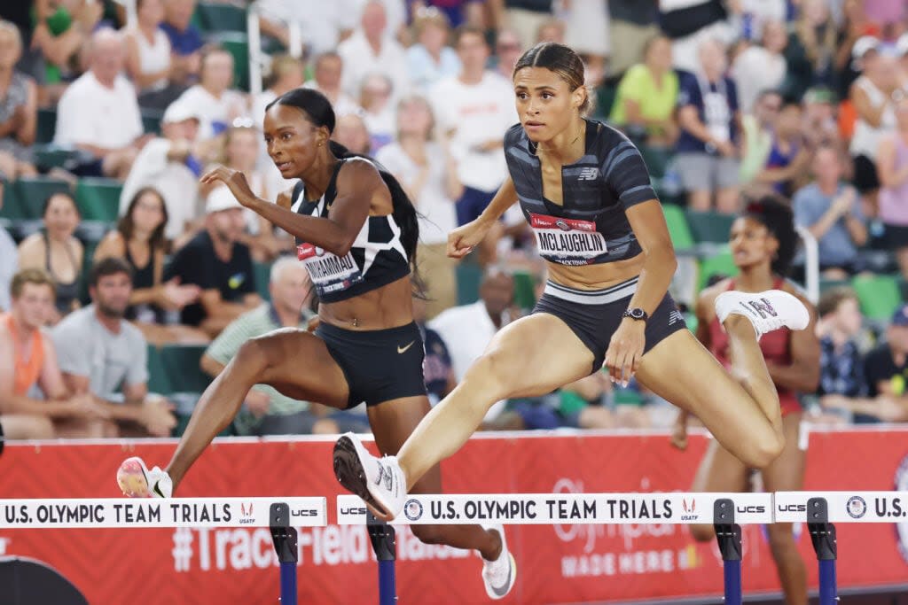 Dalilah Muhammad and Sydney McLaughlin compete in the Women’s 400 Meters Hurdles during day ten of the 2020 U.S. Olympic Track & Field Team Trials at Hayward Field on June 27, 2021 in Eugene, Oregon. (Photo by Andy Lyons/Getty Images)