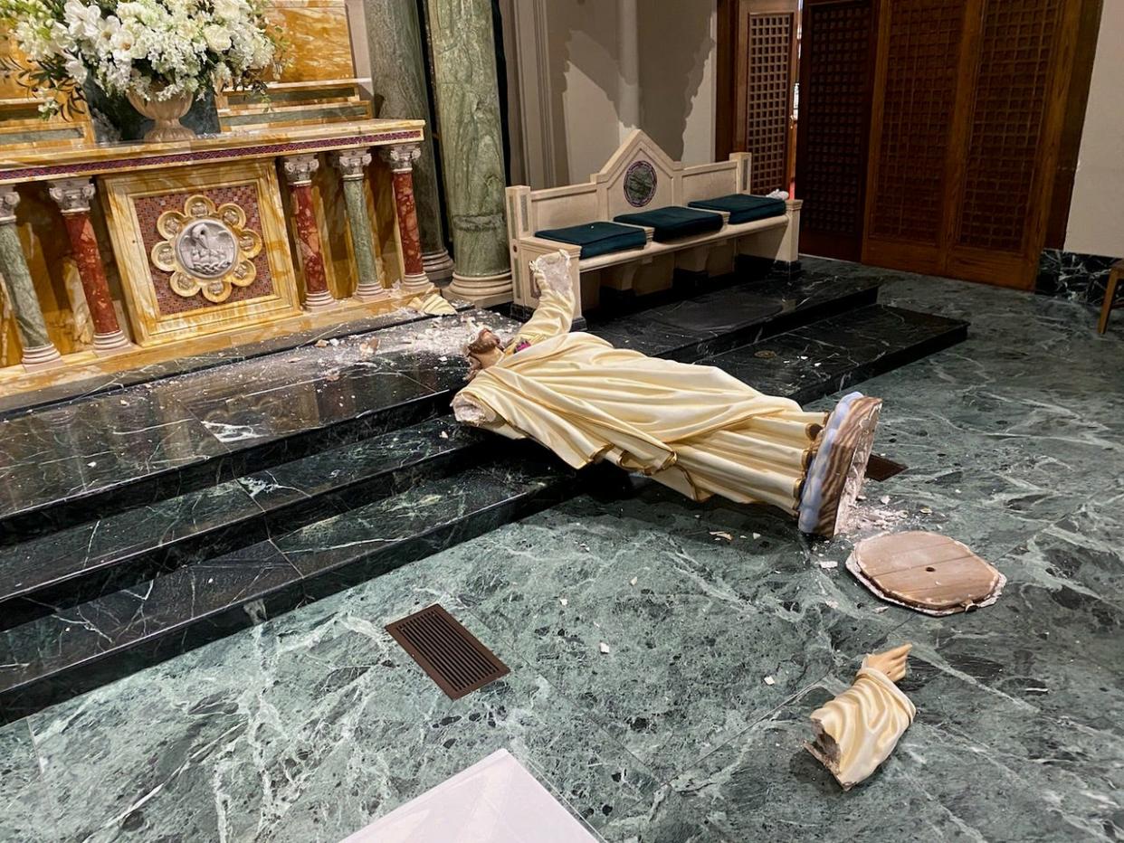 The statue of the Sacred Heart of Jesus was in the center of the altar at St. Patrick Cathedral in El Paso, Texas, after being destroyed by a vandal Sept. 15, 2020.