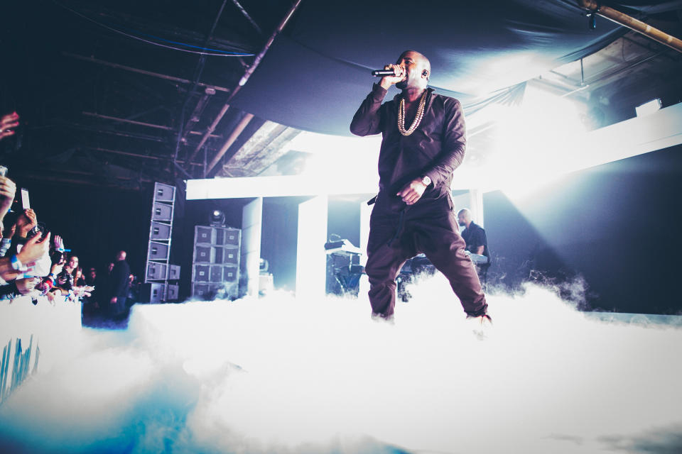 NEW YORK, NY - OCTOBER 24: Kayne West performs during the Samsung Galaxy Notes II launch at Skylight at Moynihan Station, on October 24, 2012 in New York City. (Photo by 13thWitness/Getty Images for Samsung)