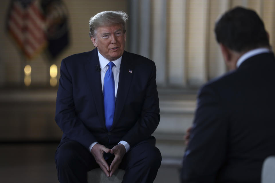 WASHINGTON, DC - MAY 03: President Donald Trump speaks with news anchor Bret Baier during a Virtual Town Hall inside of the Lincoln Memorial on May 3, 2020 in Washington, DC. (Photo by Oliver Contreras-Pool/Getty Images)