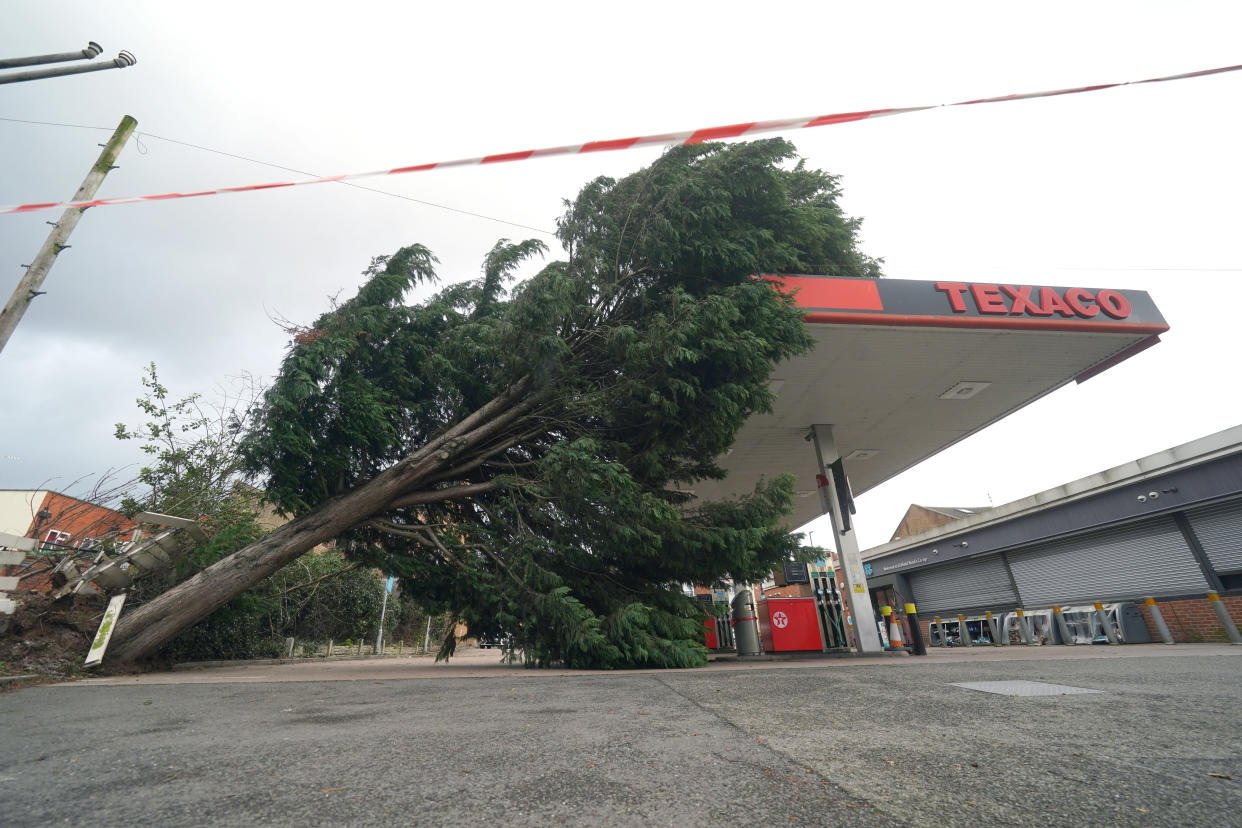 Storm Pia caused damage and disruption as trees were blown down, including onto the roof of a petrol station in Derby. (PA)