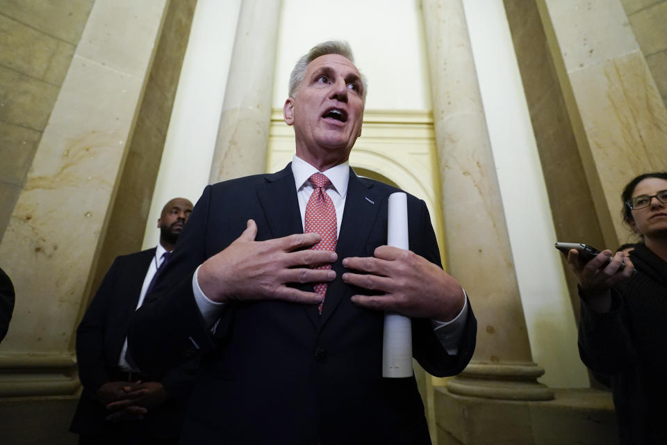 House Speaker Kevin McCarthy speaks to the media, Tuesday, March 7, 2023 at the Capitol in Washington. McCarthy's decision to unleash a trove of Jan. 6 Capitol attack footage to Fox News' Tucker Carlson has launched a wholesale Republican effort to rewrite the history of the deadly siege. Carlson aired the first installment of some 41,000 hours of security footage on his prime-time show and promised more Tuesday. (AP Photo/Alex Brandon)