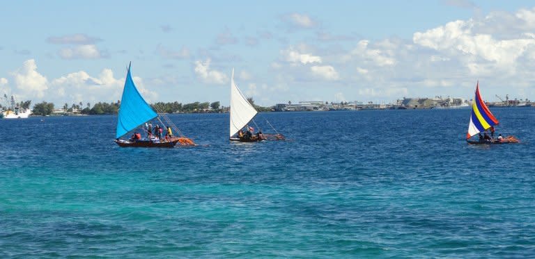 This photo taken on August 29, 2013 shows the outrigger canoes to feature at the opening of the Pacific Islands Forum summit in Majuro on September 3, 2013. Pacific leaders whose nations are threatened by climate change on Tuesday opened a regional summit in the Marshall Islands with a challenge to the rest of the world to take action