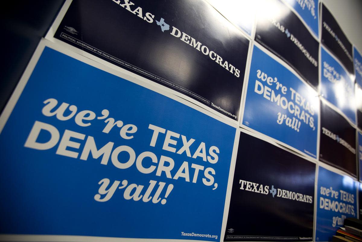 Democratic Party signage and logos at the Texas Democratic Party office in Austin.