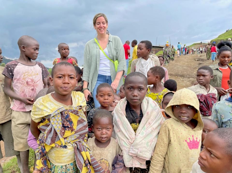Jackie Jaramillo walks among students in the Congo.