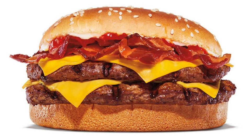 The Bacon King burger at Burger King comes with two quarter-pound beef patties, plenty of bacon, American cheese, ketchup, and creamy mayonnaise on a toasted sesame seed bun.