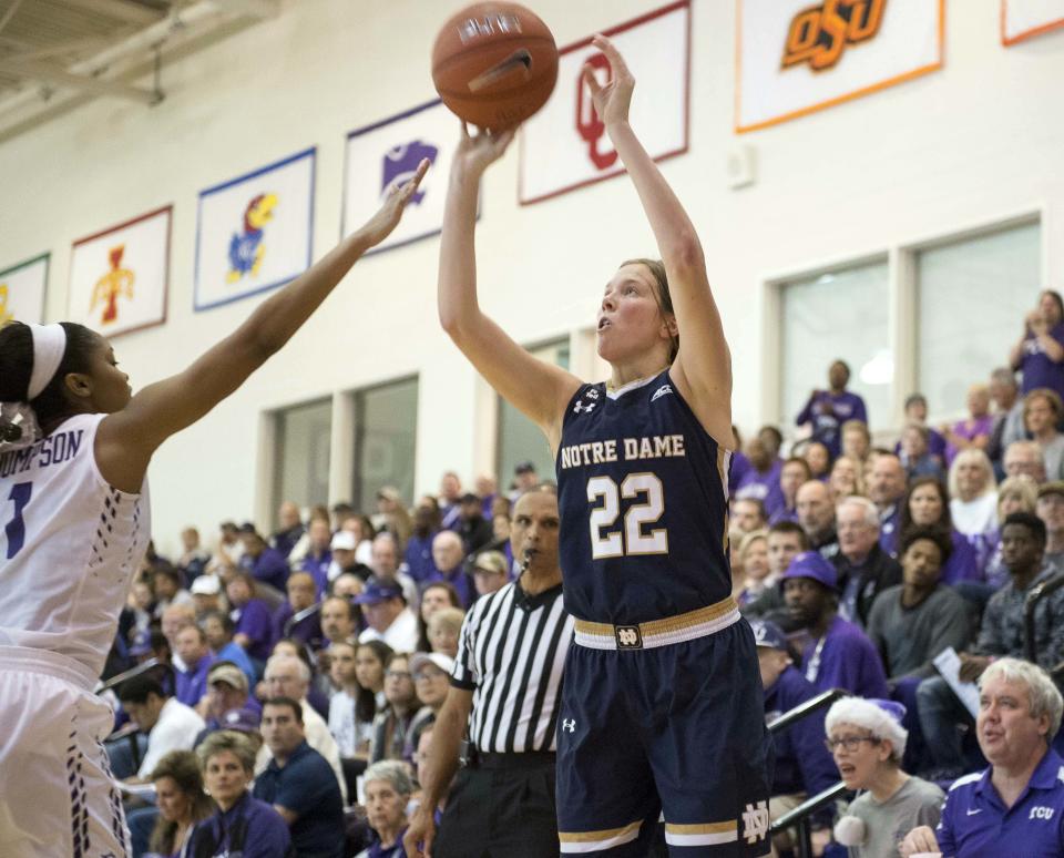 Dec 12, 2015; Fort Worth, TX, USA; Notre Dame Fighting Irish guard Madison Cable (22) shoots a three point shot against the TCU Horned Frogs during the first half at Daniel-Meyer Coliseum. Mandatory Credit: Jerome Miron-USA TODAY Sports