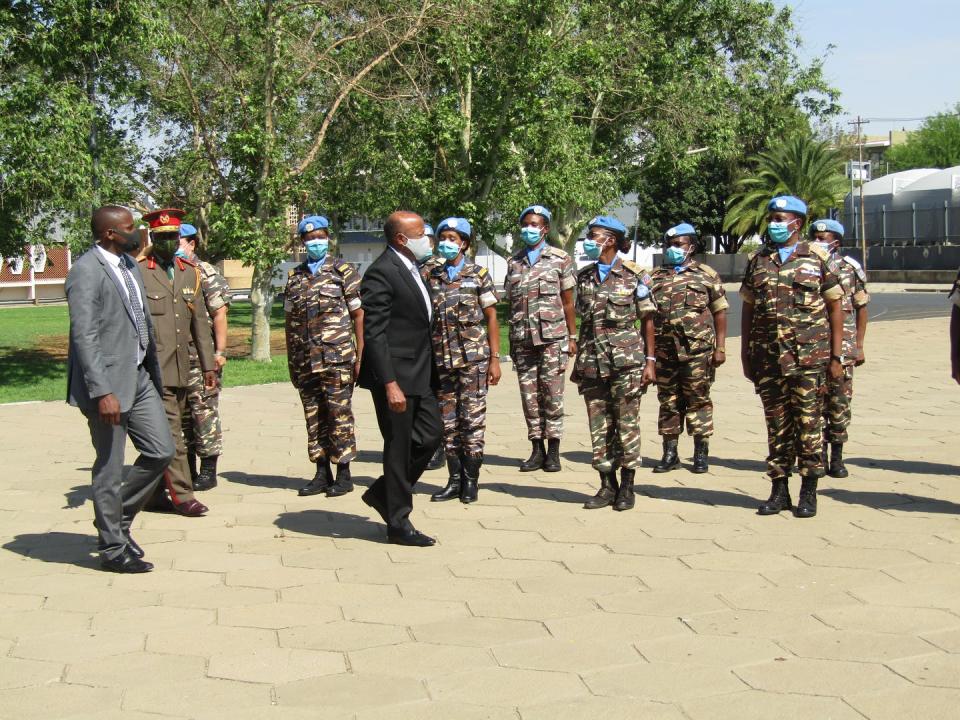 Namibia’s vice president inspects U.N. peacekeeping troops in Windhoek, Namibia, in 2020. <a href="https://media.gettyimages.com/photos/oct-31-2020-namibias-vice-president-nangolo-mbumba-inspects-troops-picture-id1229412837?s=2048x2048" rel="nofollow noopener" target="_blank" data-ylk="slk:Musa C Kaseke/Xinhua via Getty;elm:context_link;itc:0;sec:content-canvas" class="link ">Musa C Kaseke/Xinhua via Getty</a>