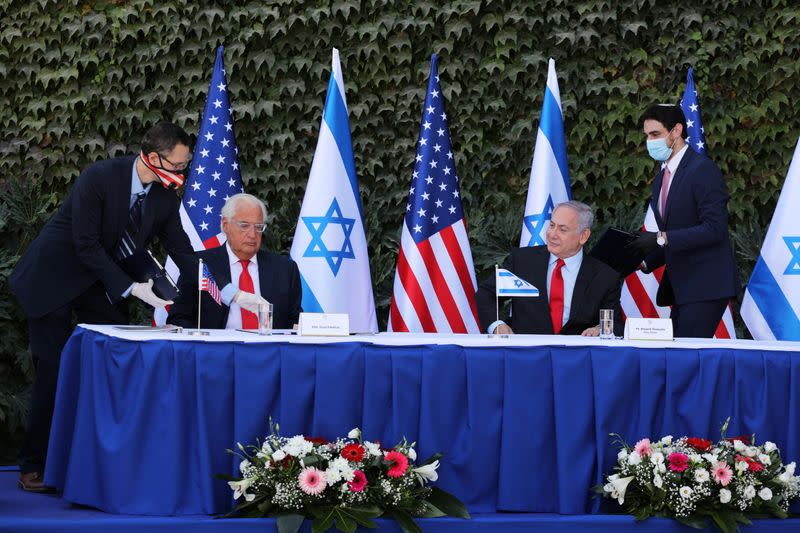 Israeli Prime Minister Netanyahu and U.S. Ambassador to Israel Friedman attend a special ceremony to extend Israel-U.S. scientific cooperation agreement in West Bank and Golan Heights, in Ariel in the Israeli-occupied West Bank