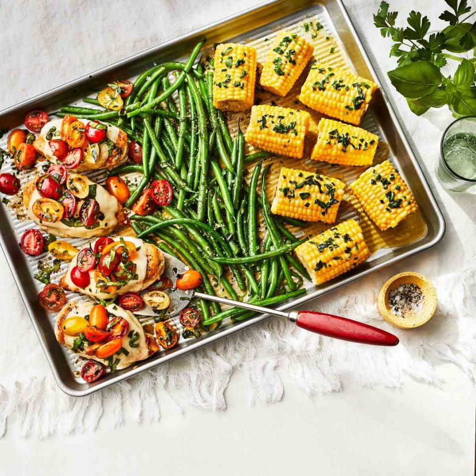 Baked Caprese Chicken With Green Beans and Corn