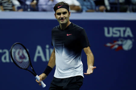 Tennis - US Open - Quarterfinals - New York, U.S. - September 6, 2017 - Roger Federer of Switzerland reacts during action against Juan Martin del Potro of Argentina. REUTERS/Shannon Stapleton