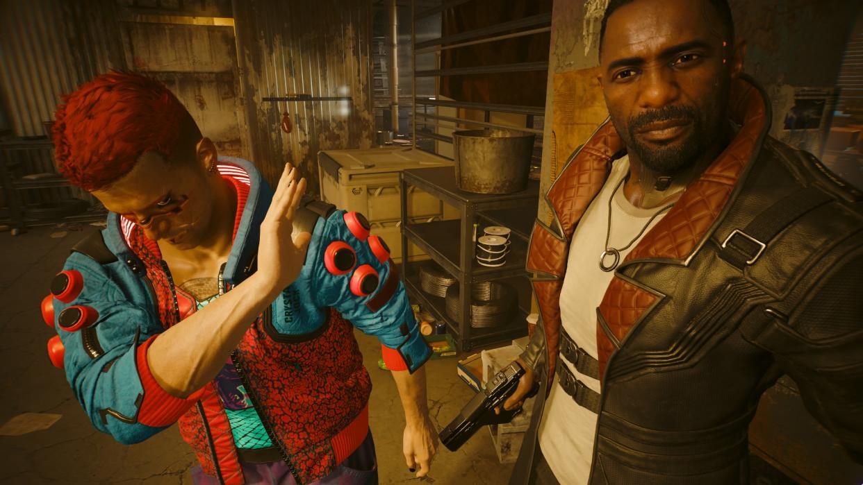  An image of V putting up his hand to Reed, a stern agent from Cyberpunk 2077: Phantom Liberty. 